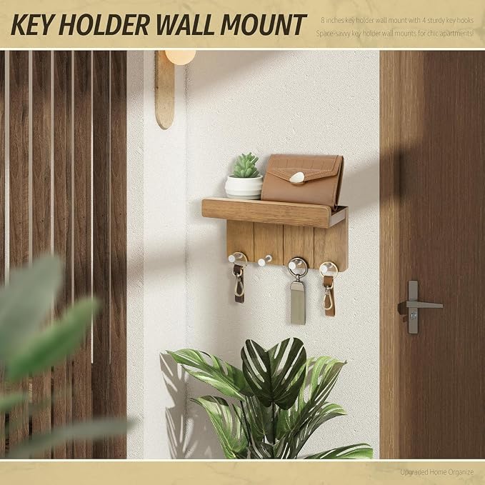 Rebee Vision Key Holder Wall Mount with 4 Hooks for Room Decor, Light Brown | 8-Inch, Rustic Key and Mail Holder for Wall, Mail Organizer, Small Floating Shelf, Key Hanger, Home Decor Aesthetic