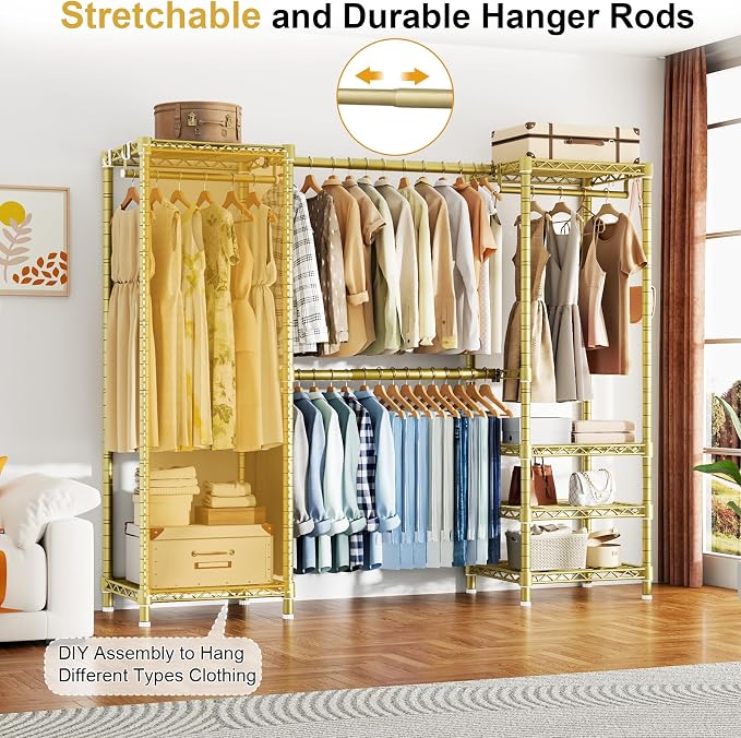 Ulif E7 Garment Rack, Heavy Duty Clothes Storage System with Extendable Hangers Rods, Metal Clothing Rack with 6 Wire Shelves, (52.3"-72") W x 14.5" D x 71.2" H, Load 838lbs, Gold | Metal Clothing Rack with 6 Wire Shelves, Freestanding Portable Closet ...