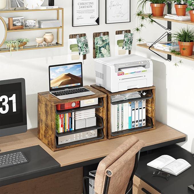 Simple Trending 4-Tier Desk File Organizer, Paper Organizer, Rustic Brown | Adjustable Letter Trays, Wood Desktop File Sorter, Farmhouse Style, for Office Home Classroom, 10.75"D x 15.2"W x 11.8"H