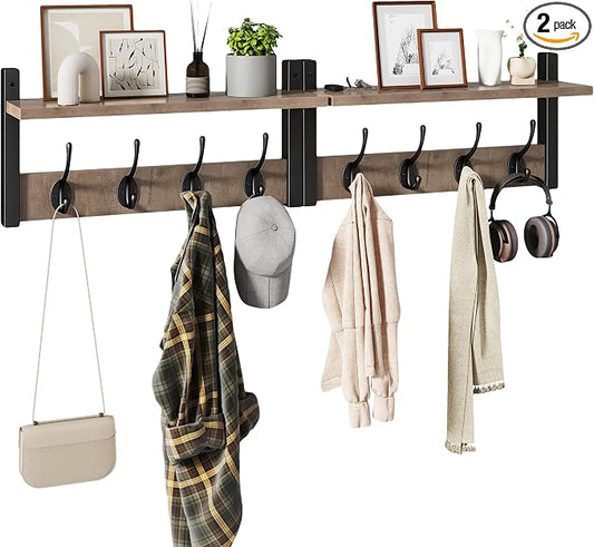 YMYNY Coat Rack Wall Mount with Shelf and Hooks, Silver Gray UHWS001Y-2 | 2 Pack Wooden Wall Mounted Coat Hanger with Shelf and 8 Double Hooks, Wall Coat Rack for Entryway Hallway Bedroom Bathroom