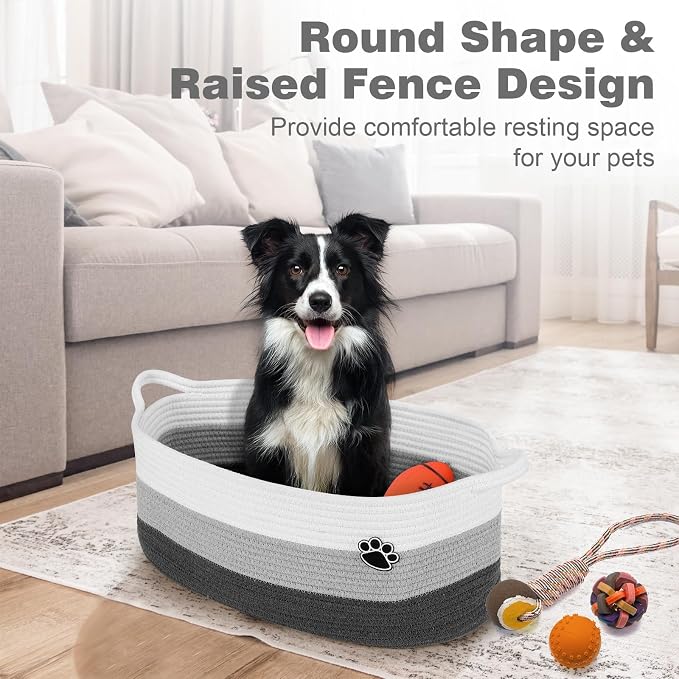 Optish Dog Toy Basket, 30L Toy Box and Bin for Dog Cat Storage, 19.7" X 11" X 7.9" Large Woven Rope Basket for Blankets, Living Room, Bedroom, White & Grey