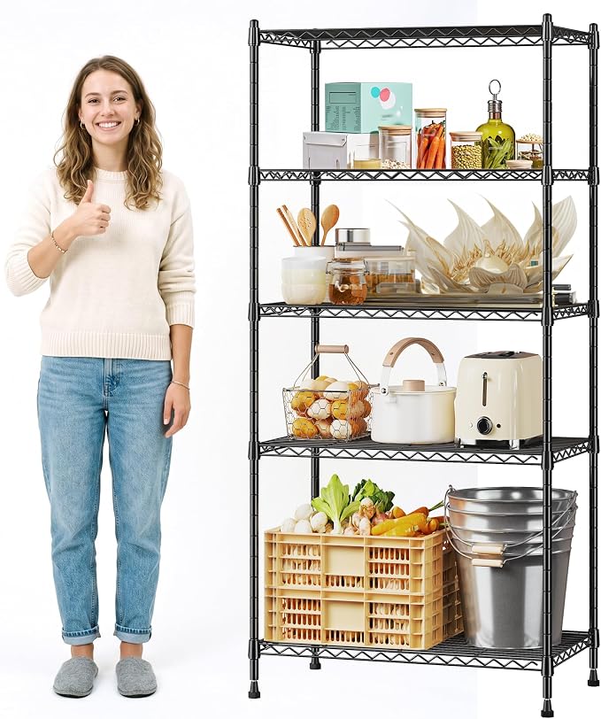Romorgniz 5-Tier Adjustable Wire Shelving, 1010LBS, Kitchen Pantry Garage | Heavy duty Storage Shelves, Rust-resistant coating, Anti-tip design, For laundry Closet Bathroom, 59" Hx21.7" Wx13.8" D