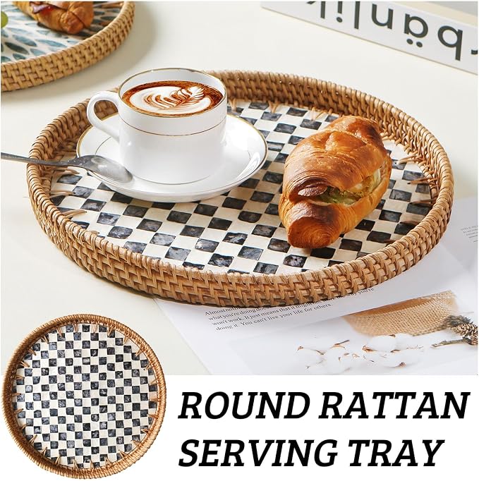 Round Rattan Tray with Mother of Pearl Inlay, Wooden Base | Coffee Table Serving Tray, Home Decorative Wicker Woven, for Outoor Patio Decor