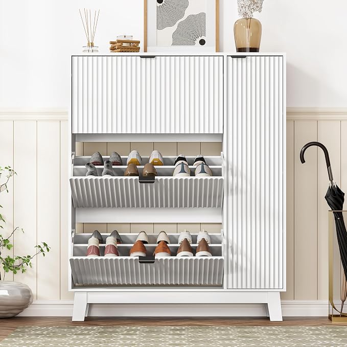 Shoe Cabinet Storage for Entryway with 3 Flip Drawers & Side Cabinet, Fluted Narrow Shoe Organizer with Wooden Leg, Freestanding Shoe Storage Hidden Shoe Rack Organizer for Front Door Entrance, White