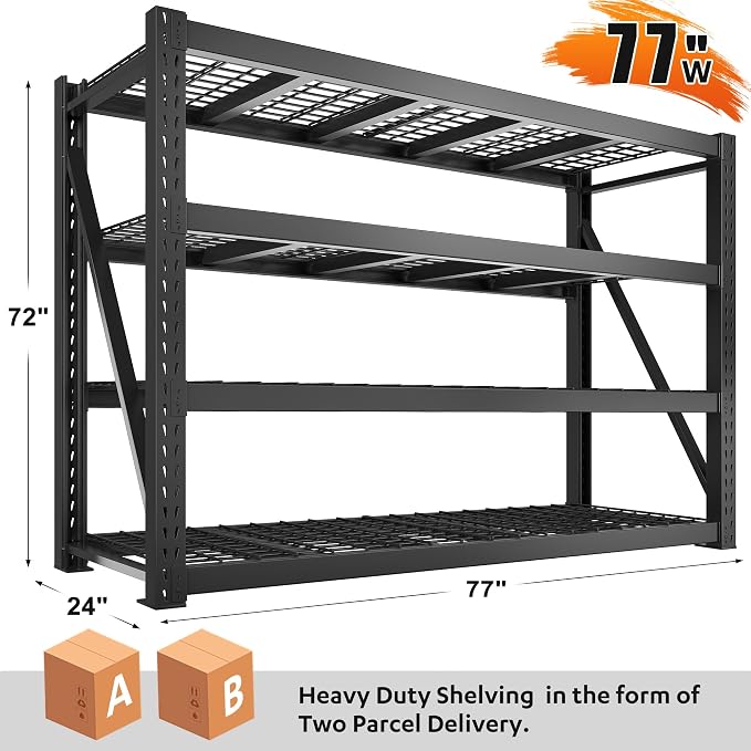 Bepatio 8000LBS Garage Shelving Heavy Duty, 77" Ultra Wide Storage Shelves 4 Tier Industrial Metal Shelving for Storage, Adjustable Shelves For Garage,Shop,Basement, Warehouse,77" W*24" D*72”H, 2 Pack