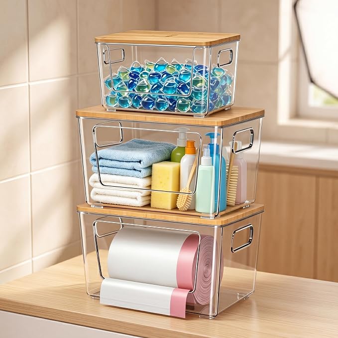 spospo 3 Pack Trash Bag Holder with Bamboo Lid Stackable Trashbag Dispenser | Extra Large Garbage Bag Holder for Kitchen Laundry Room Under Sink Organization and Storage