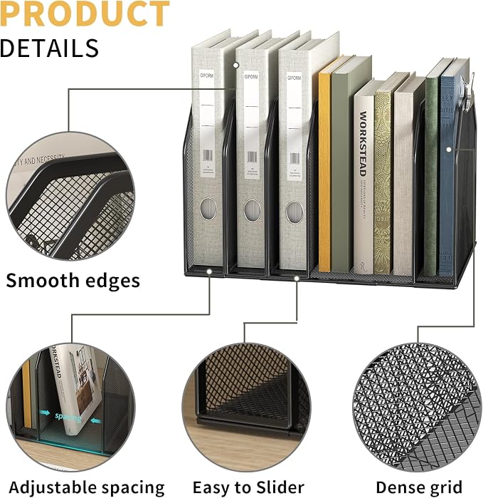 FANXIYQ Black 7-Section File Folder Organizer for Desk, Metal Vertical File Holder Stand, Desktop File Organizer Rack for Letter/A4 Folders, Papers, Books, Office Classroom Home