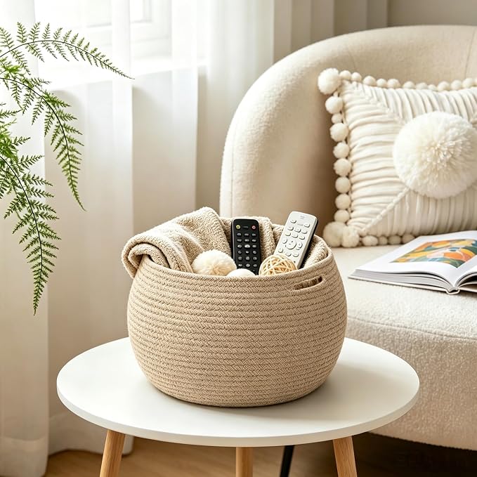 Goodpick Round Small Wicker Storage Basket for Shelves, 10" x 8.3", Jute | Woven Baby Basket with Handles， Decorative Gift Basket, Fits Living Room Nursery Toys & Towels Storage, Plant Baskets Indoor