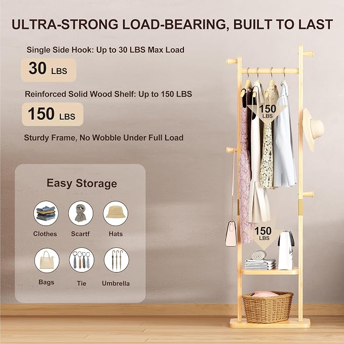 Solid Wood Coat Rack Freestanding, Clothing Rack with 5 Hooks & Bottom Shelf, Heavy Duty Coat Rack Stand for Hanging Clothes, Wood Hall Tree Organizer for Entryway, Bedroom (Natural Wood)