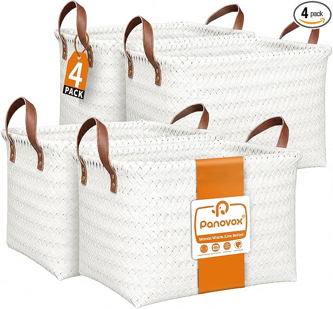 Wicker Storage Baskets, 4 Pack Woven Baskets for Shelves, White | PP Rattan, Water-resistant Wicker Basket, Large Baskets with Faux Leather Handles for Blanket, Laundry Organizer, Room Decor