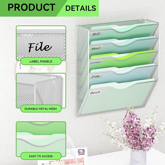 5 Pockets Hanging Wall File Organizer Mail Holder, Wall Mounted Paper Document Folder Holder, Clipboard Storage Organization Magazine Rack, Silver