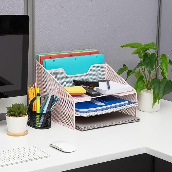 Mind Reader Metal Mesh Desktop File Organizer, 3-Tier Paper Tray with 5 Compartments, Office Mail Sorter, Pink