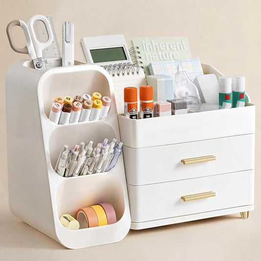 HBlife Desk Organizer with Pen Pencil Holder for Desk, Pen Organizer with 2 Drawers, Desk Organizers and Accessories with 4 Compartments, Desktop Storage for Office Home School Art Supplies, All White