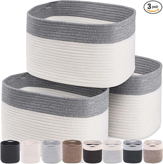 CHAT BLANC Cotton Rope Baskets for Organizing, Shelves, Toys, Storage, Shoe, Bathroom, Laundry, Towel, Nursery, Home Decor, Blanket, Cloth Woven Bins Fabric (Dark Gray & Creamy White7, 15"x10"x9")