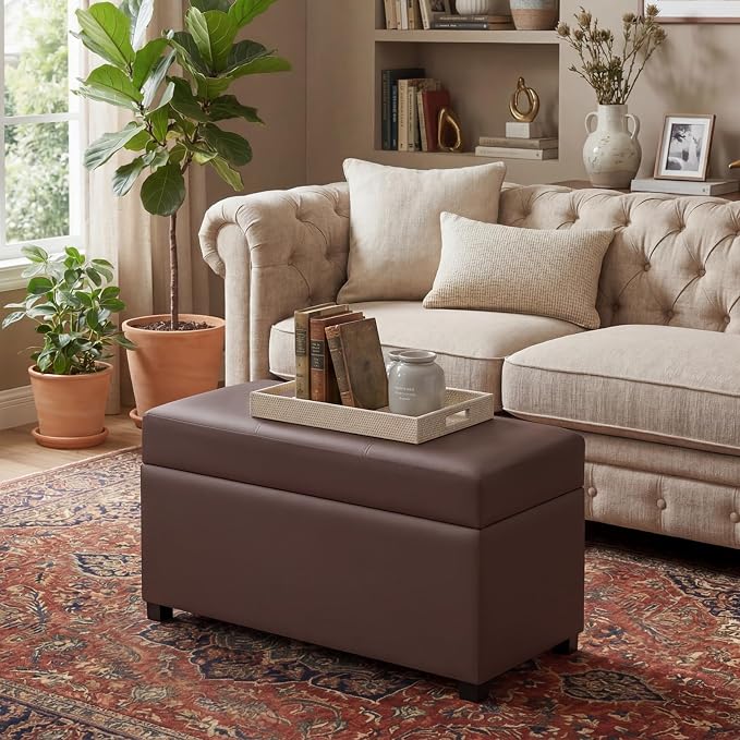 32" Leather Storage Ottoman Bench, Rectangle Foot Rest Stool for Living Room, Bedroom, Entryway, Brown