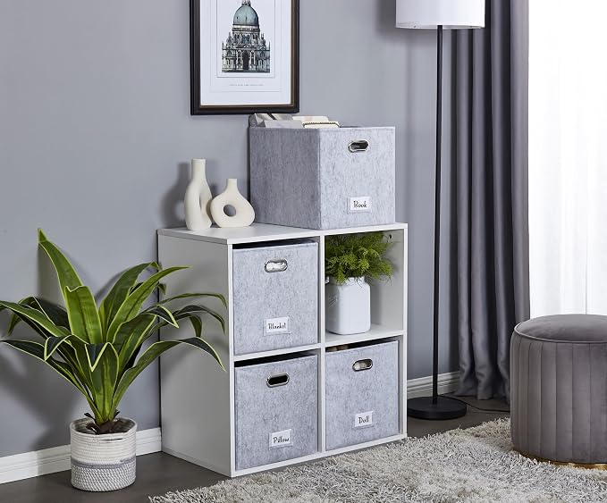 DECOMOMO Felt Storage Bins, 11 inch Cube Storage Bin with Labels | 6 Pack Storage Baskets for Shelves, Kallax (Light Grey)