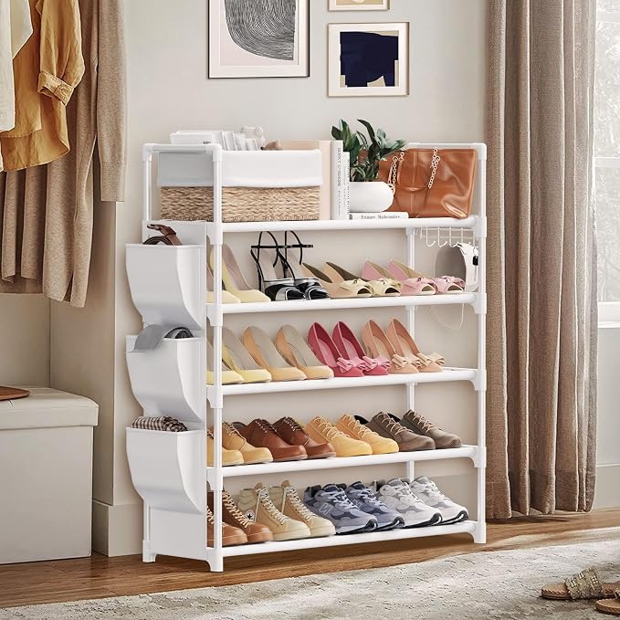 VILICK Shoe Rack for Closet Shoe Organizer Space Saver Storage for 20-25 Pair Shoe Shelf with Hook and Side Pocket Free Standing 5 Tier Shoe Rack Organizer for Entryway,Small Spaces, White