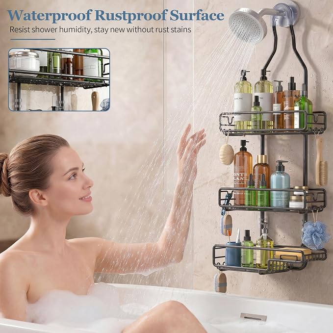 Skyapex Shower Caddy Hanging Bathroom Organizer: Over Head Adjustable Rack for Tall Showerhead - Extra Large Storage Shelf for Big Shampoo Bottles with Soap Holder