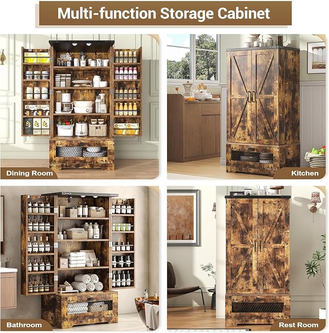 kepptory Farmhouse Pantry Cabinet with Barn Door & Adjustable Shelves, Freestanding Kitchen Storage Cabinet for Dining Room, Bathroom, Hallway (Brown)