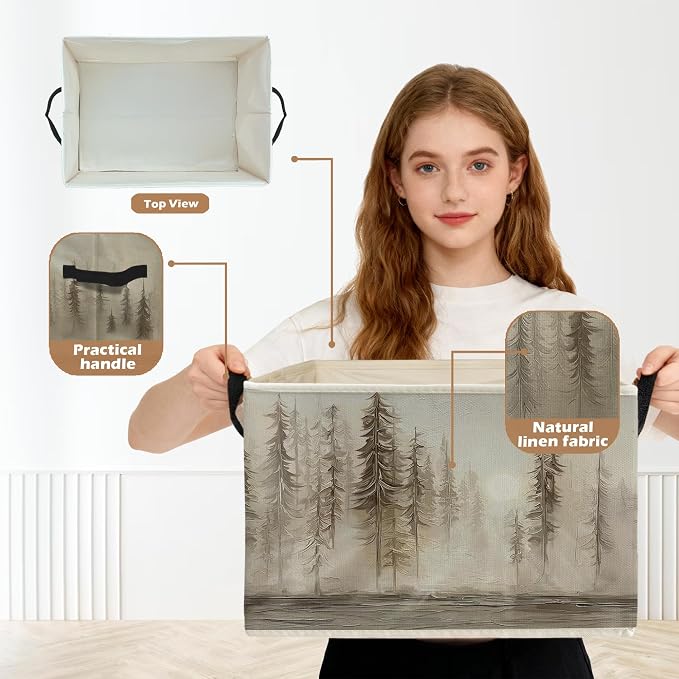 Misty Forest Pine Tree Storage Box Bins, Vintage Neutral Nature Forest Lake Collapsible Storage Basket Organizer for Bedroom Laundry Room Home Clothes Books, Decor for Room