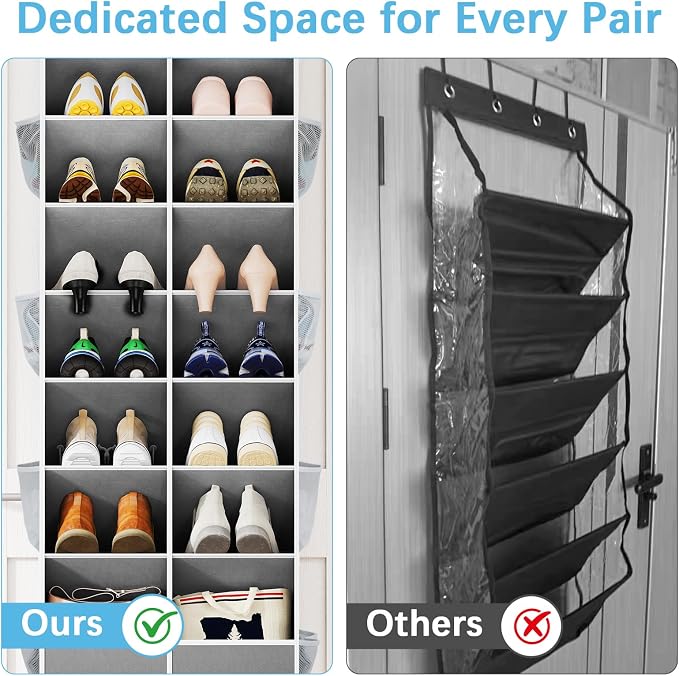 Yecaye 16-24 Pairs Over the Door Shoe Organizer, Large Capacity Hanging Shoe Rack for Door Hanger with Deep Pockets, 8 Tier Shoe Holder for Sneakers Boots Heels College Dorm Essentials, Grey