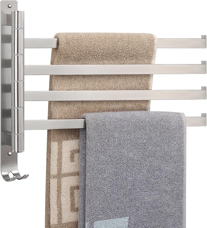 NearMoon Swivel Towel Rack, 13.8" Thicken 304 Stainless Steel 4-Arm Towel Bar, Space Saving Wall Mounted Towel Holder with Hook, Rustproof Swing Out Towel Hanger for Bathroom, Square (Brushed Nickel)