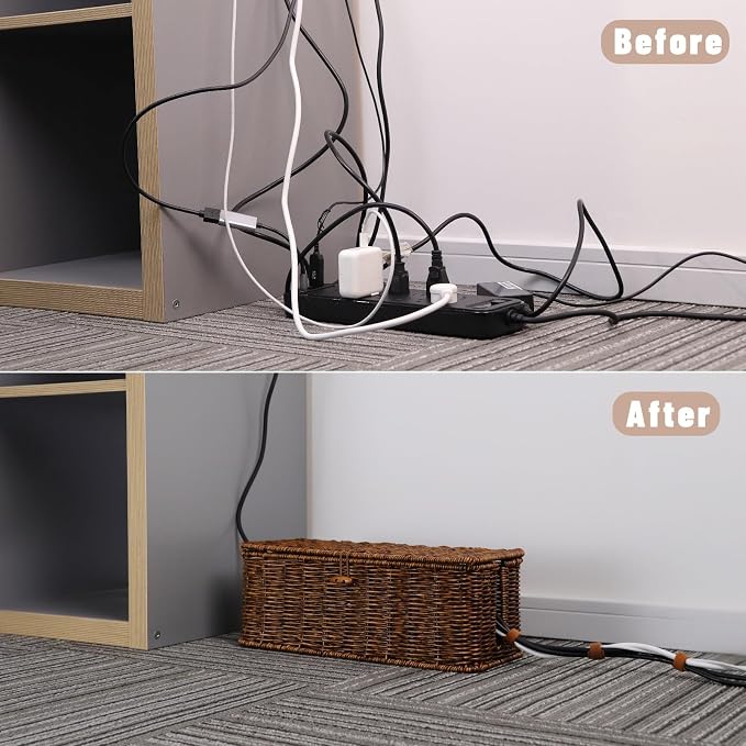 BROWNLILY Cable Management Box, Rattan Style Cord Organizer for Desk Cord Hider Outlet Covers for Power Strip TV PC Router Charger Under Desk Storage with Lockable Lid and Cable Ties