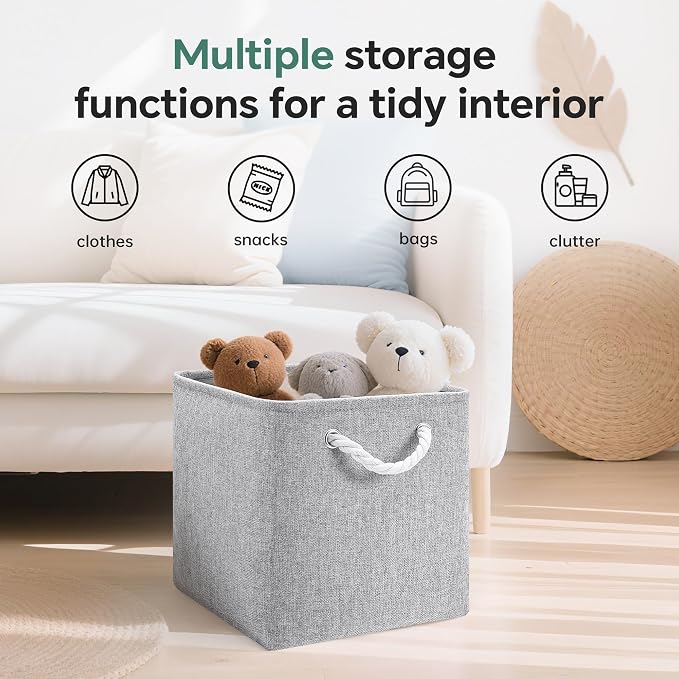 ECDYQXVU 13x13x13 Inch Storage Cube Bins Foldable Organizer Baskets 6 Pack | Soft Cotton Handles, Premium EVA Fabric, Hard Cardboard Bottom, Sturdy Metal Rim, Closet Shelf, Living Room, Bedroom, Laundry