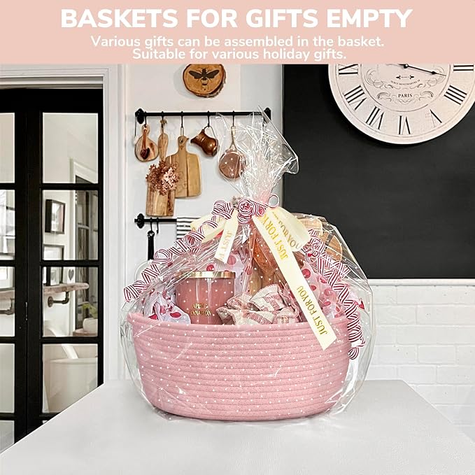 CHICVITA Gift Basket Empty with Bags & Ribbon for Baby Shower, Pink | 12"x 8"x 5" Woven Gift Basket Empty to Fill for Girl Birthday, Rope Baskets for Organizing, Decorative Basket