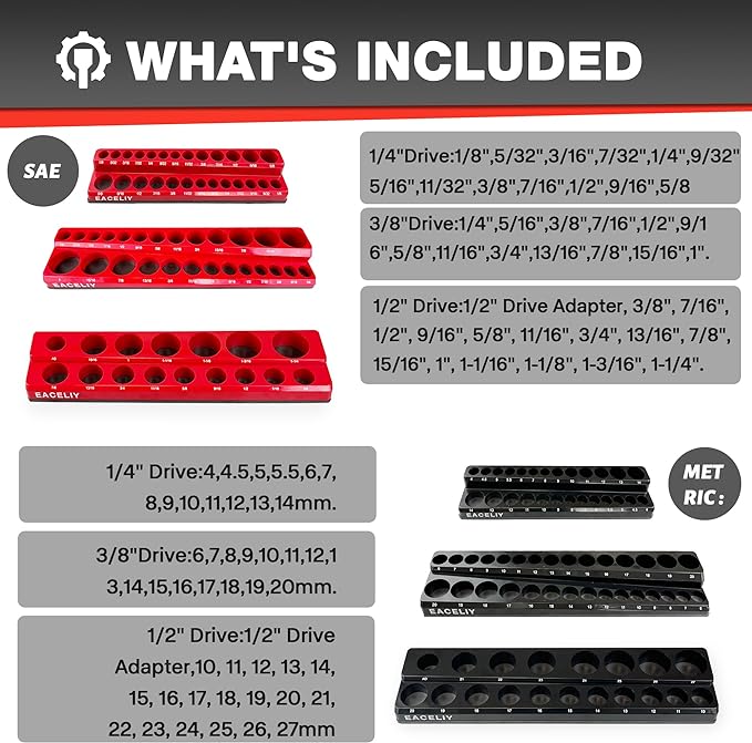 EACELIY Magnetic Socket Organizer Set, 1/2", 1/4" and 3/8" SAE & Metric Deep & Shallow Socket Holder Kit, holds 141 stanard Sockets, attaches to steel box/tool cart (sockets not included) 丨6PCS