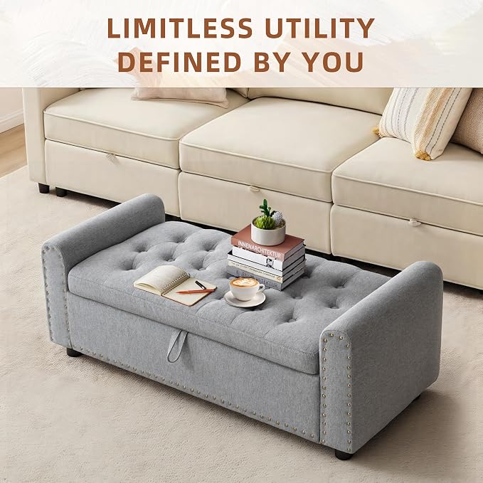 48" Ottoman with Storage, Tufted Storage Ottoman Bench, Convenient Living Room Fabrics Bench Seat, Entryway Shoe Benches with Inner Zipper&Arm, Upholstered Window Seat Ottomans with Rivets, Dark Grey
