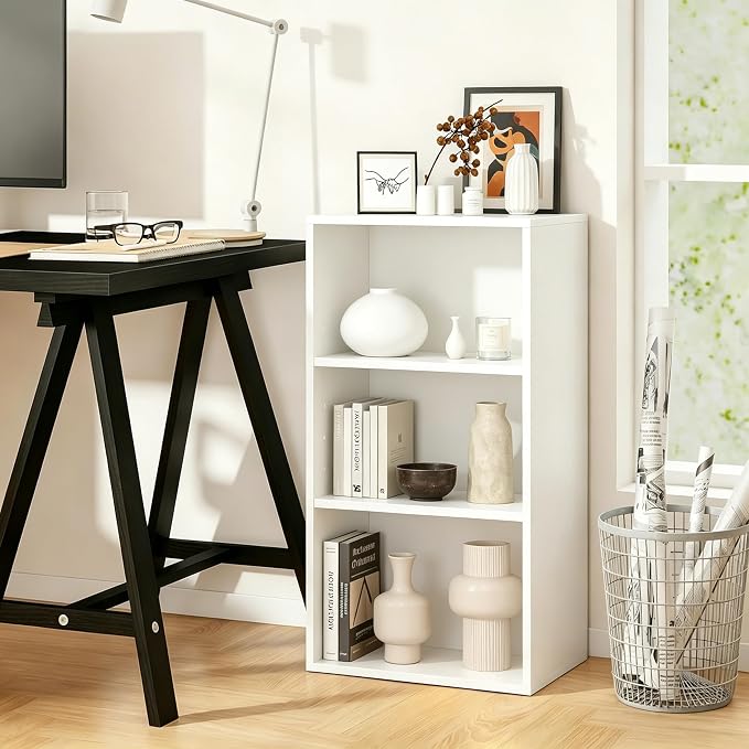 HealSmart 3 Tier Bookcase, Industrial 3 Book Shelf, 9.2" D x 23.8" W x 31.5" H Tall Open Cube Storage Organizer for Home Office, Living Room, Bedroom and Dinning Room, White