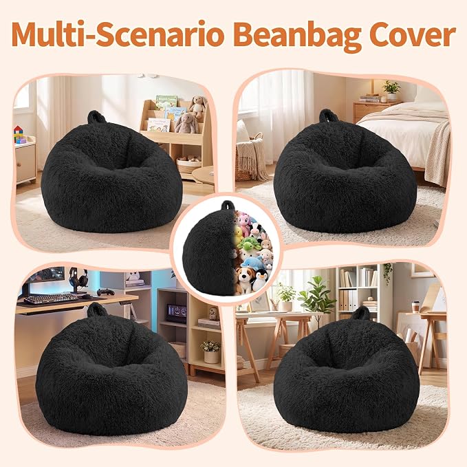 Stuffed Animal Storage Bean Bag Chair Cover, Soft Bean Bag Cover | Fluffy Faux Fur Stuffed Animal Storage Chair, Non-Slip Bottom, Fill with Plush Toys or Blankets, for Adults Teens Kids Girls