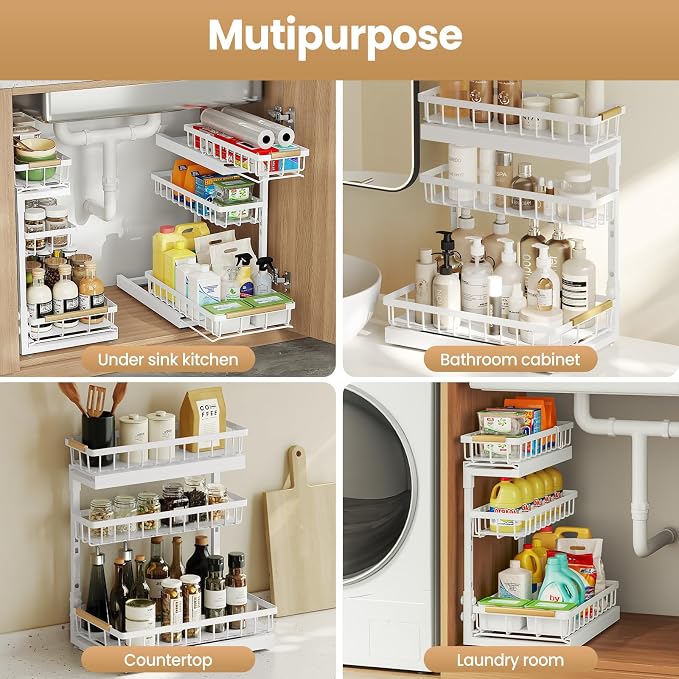 Under Sink Organizer and Storage 3 Tier Cabinet Pull Out Shelf Organizers | 2 Pack 3 Tier under sink storage for Bathroom and Kitchen Slide Out Drawer Organization for Home Cabinets Shelves and Drawers