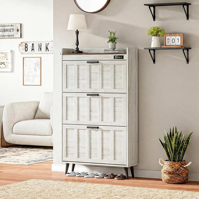 ChooChoo Shoe Storage Cabinet with 3 Flip Drawers and Deodorizer | Shoe Organizer Storage for Entryway, Freestanding Hidden Slim Narrow Shoe Rack Cabinet, Antique White & Brown