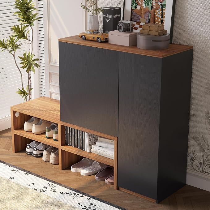 51.18" Shoe Storage Cabinet with Doors & Open Shelves, Walnut & Black | Space saving, dust-proof, clutter-free, multi-scenario fit, durable construction