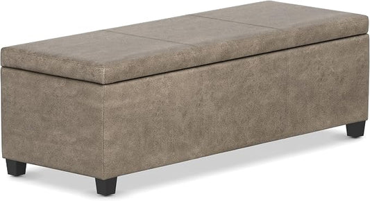 SIMPLIHOME Avalon Storage Ottoman Bench - 48" Wide x 16" High Upholstered Vegan Leather Rectangular Lift-Top Ottoman in Distressed Smoky Grey Brown, Transitional Storage Bench with High-Density Foam