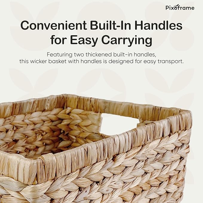 Large Handwoven Water Hyacinth Storage Wicker Basket with 2 Handles - Brown | Handcrafted Rectangular Organizer, Sturdy Iron Frame, Ideal for Towels, Blankets, Shelves & Décor - 16.5"x13"x7.50"