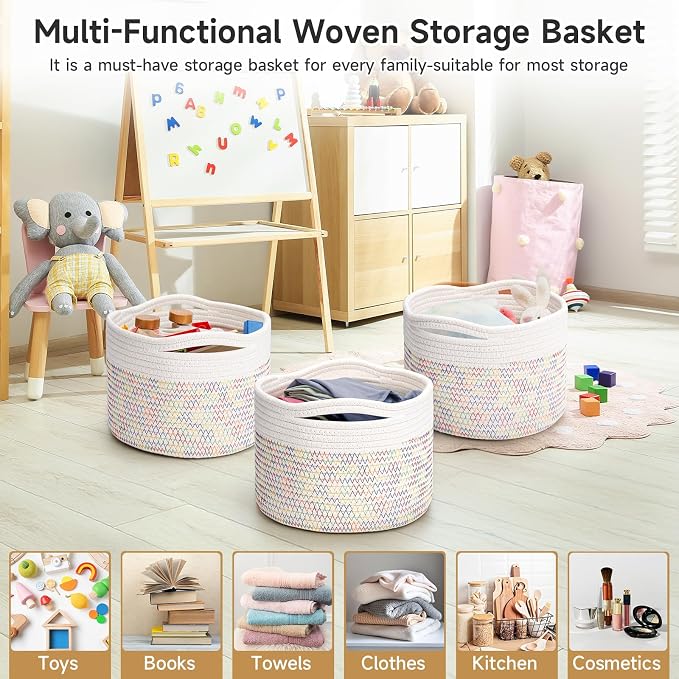 3 Pack Small Rope Storage Baskets, 9.82×9.82×7.1", Rainbow | Cotton Basket for Gifts Empty, Cute Round Woven Basket, Decorative Shelf Basket Organizer, Organizing Basket for Shelves