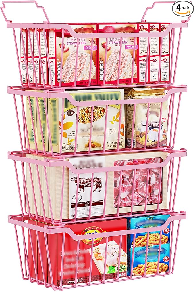 SUNALLY Freezer Organizer Bins, 4 Pack Stackable Pantry Storage Bins, Pink | Chest Freezer Organizer for 5-7 Cu.FT Deep Freezer to Sort Frozen Meats & Food, Wire Baskets for Pantry Organizers & Storage