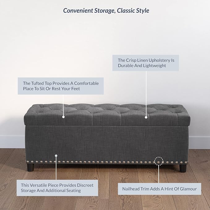 BELLEZE Storage Ottoman, Tufted Ottoman with Close Hinge, Foot Rest for Living Room (Dark Gray, 47 inch)