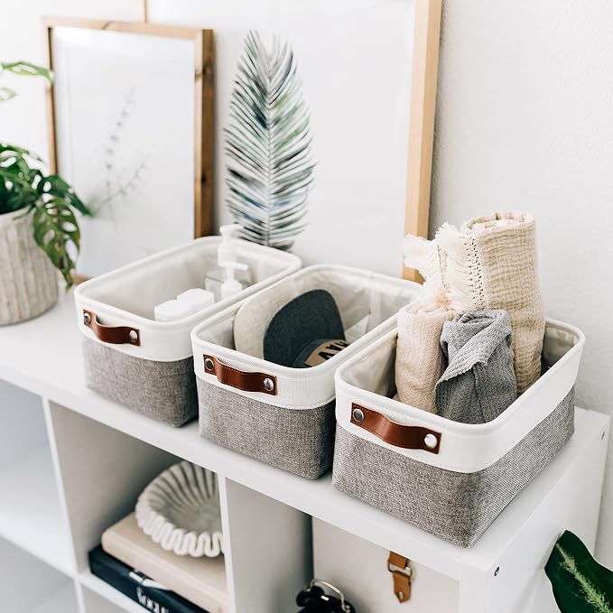 OrganiHaus 12x8in Canvas Storage Baskets, 3 Pack - Fabric Bins for Shelves | Vegan leather handles; a decorative pantry and office organizer, container for desk and books