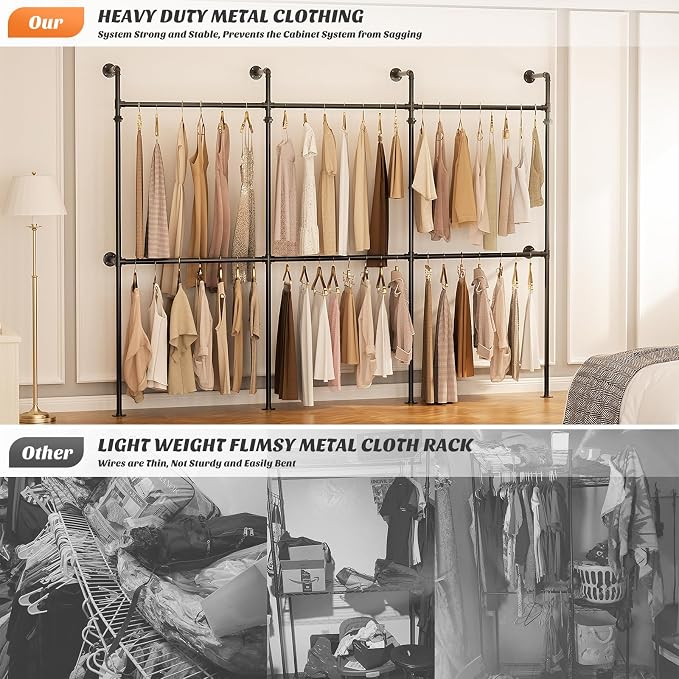 Aheaplus Industrial Pipe Clothing Rack, Reversible 9.85FT Clothes Rack for Hanging Clothes, Heavy Duty Garment Racks, Wall Mounted Closet Wardrobe Racks, Corner L Shaped Walk-in Closet System, Black