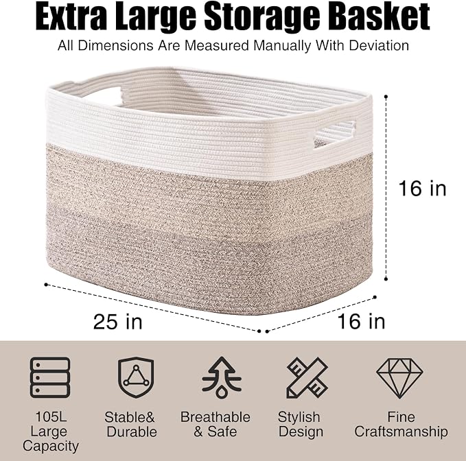 ICERZCZ Extra Large Blanket Basket for Living Room Gradient Brown 25x16x16 | Extra Large Rectangular Storage Basket for Toys, Clothes, Shoes, Living Room, Bedroom, Nursery, Kid's Room