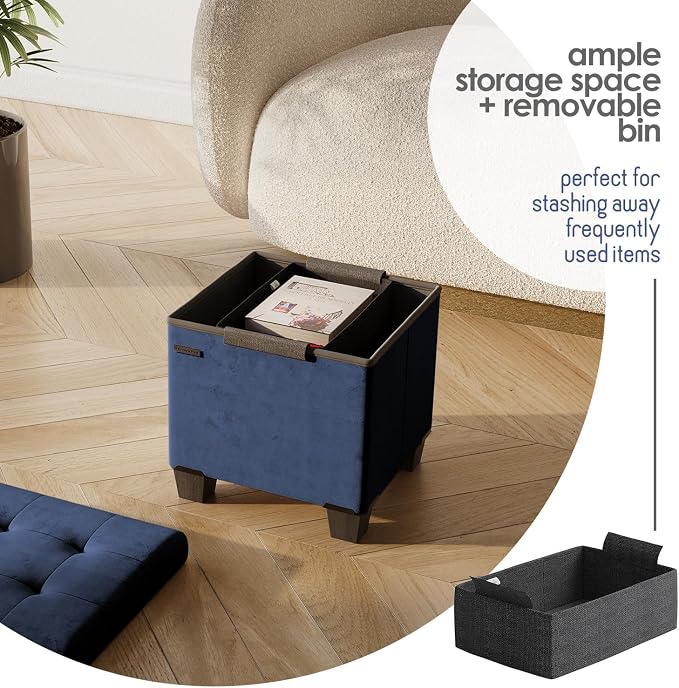 Storage Ottoman Cube with Small Bin, 15-in Square Ottoman with Storage for Living Room and Bedroom, Small Ottomans Foot Rest, Velvet Foot Stools Ottomans Max 330lbs, Blue