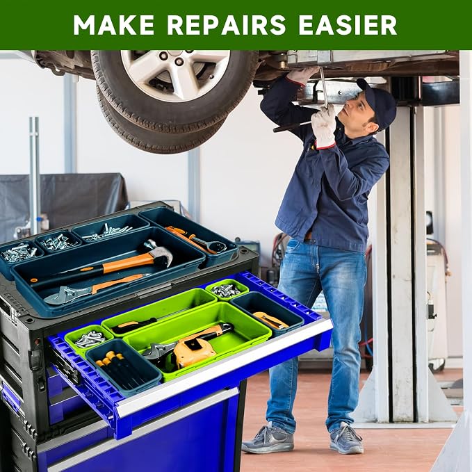Tool Box Organizer Tray, 60 PCS & 5 Sizes, Blue and Green | High Quality ABS Plastic, Interlocking Desk Drawer Organizer, Tool Chest Organizer for Workshop Garage Office Kitchen