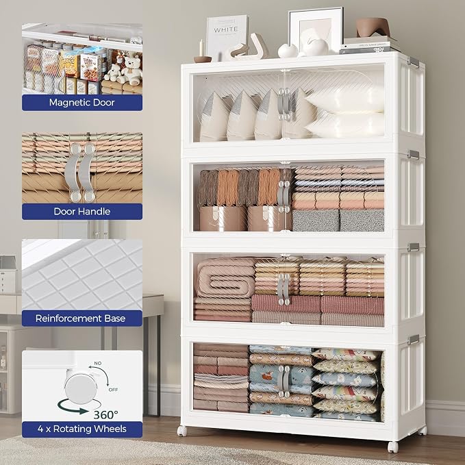 300QT Extra Large Stackable Storage Bins with Lid, 75Gal Plastic Closet Organizers and Storage Drawer, Collapsible Cabinet Box with Wheels Clear Doors for Home Kitchen Office, 5Pack White