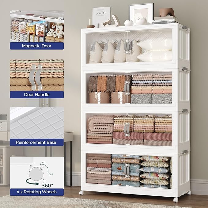 75GAL Plastic Storage Bins with Lid, 300QT Extra Large Stackable Closet Organizers and Storage, Collapsible Storage Boxes with Wheels, Folding Cabinet for Home Kitchen Office, 5Pack White