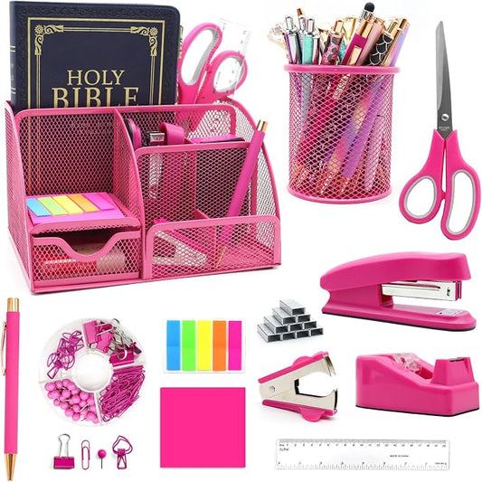12Pcs Hot Pink Desk Organizers and Accessories Set for Office School Home | Office Supplies for Women Coworkers Students, Include Stapler, Pen Holder, Tape Holder, Scissors, Ruler, Staple Remover