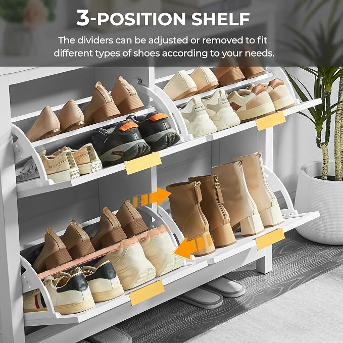 4-Flip Drawer Shoe Cabinet Narrow Entryway Rack, White | Vertical Wood Grain, Metal Handles, Adjustable Compartments, Removable Shelf, Anti-Tip Device, for Hallway Foyer Entryway